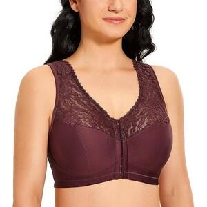 DELIMIRA Women Front Closure Bra Full Coverage Wirefree Lace Racerback 48DD NWT